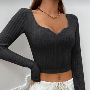 SHEIN Ribbed Long Sleeve Scoop Neck Crop Top